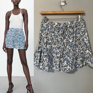 Zara New Blue Bohemian High Waisted Floral Print Skort Size M Elastic Band